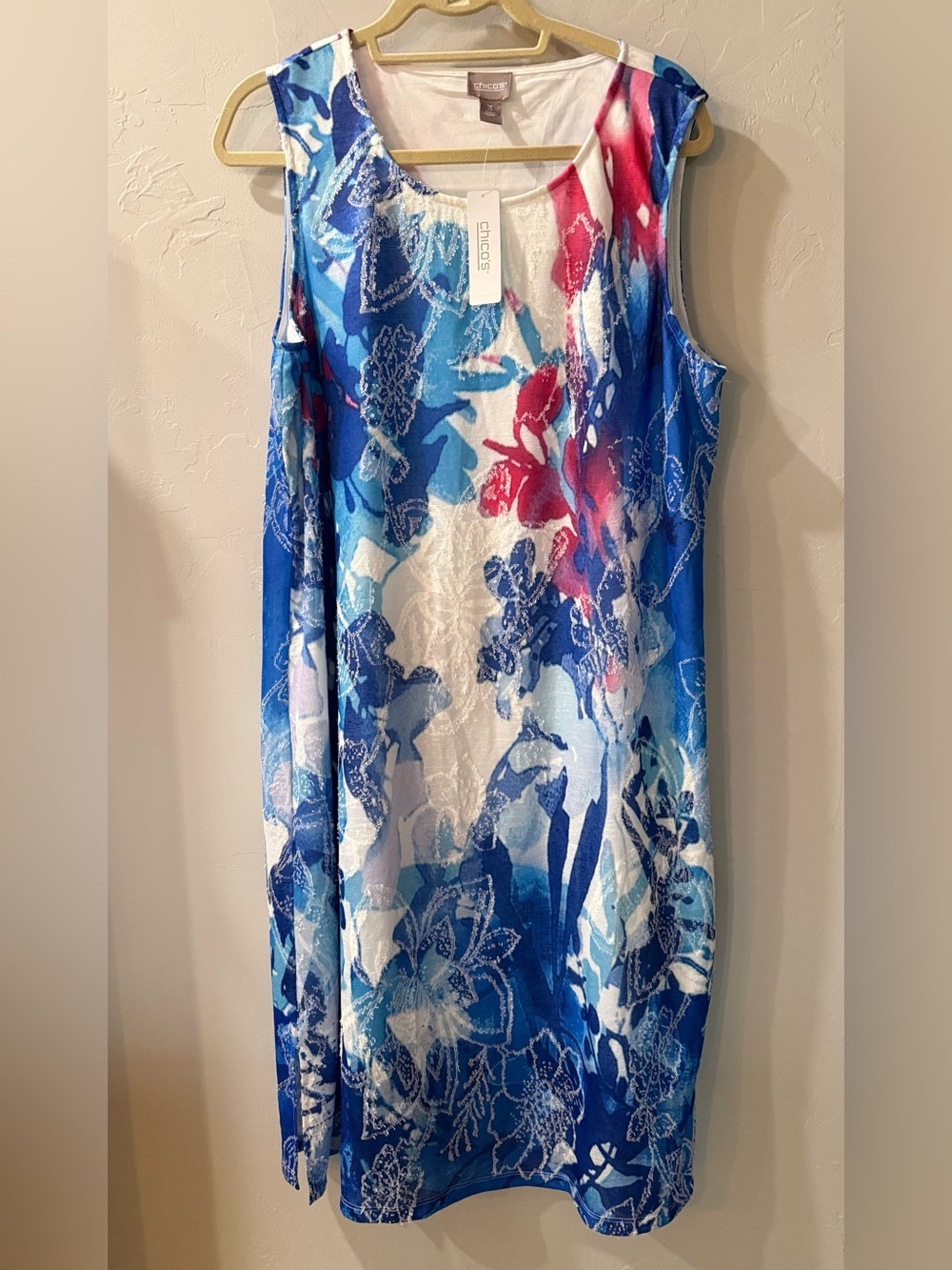 Chico's Blue & White Floral Tank Dress w Pink/Red Accents Chico ‘Size 3 NWT XL